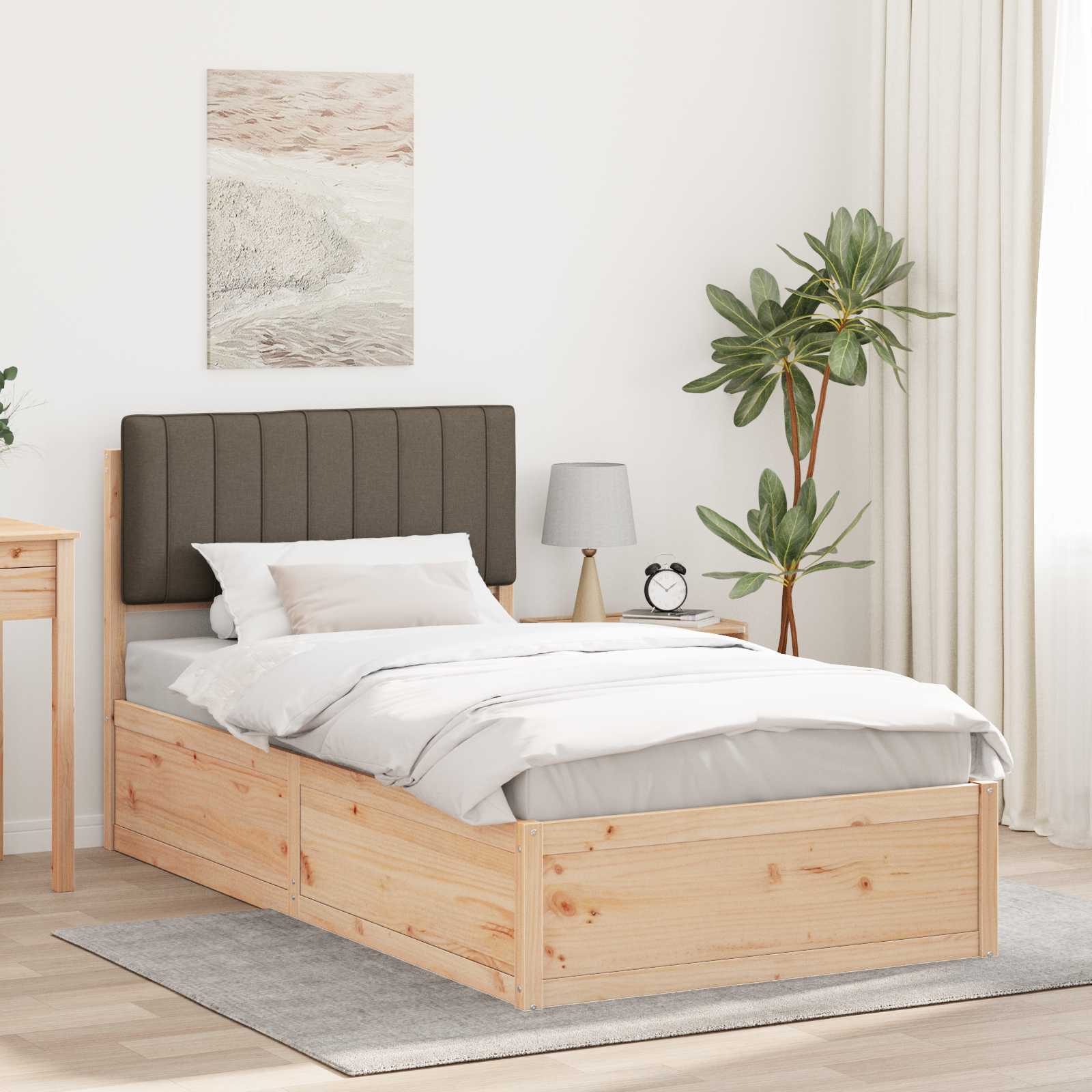 Sängram med Klädd Huvudgavel Taupe 100 x 200 cm Massiv furu