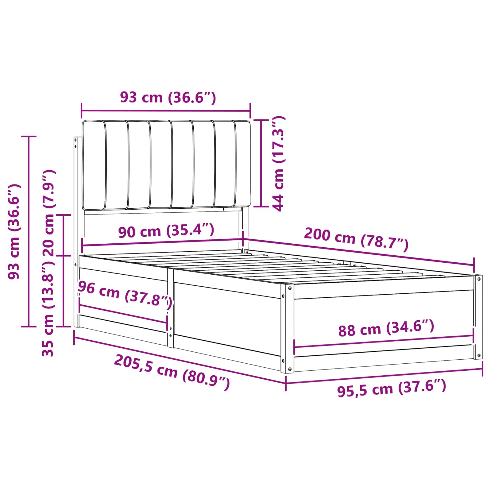 Sängram med Klädd Huvudgavel Mörkgrå 90 x 200 cm Massiv furu