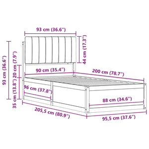 Sängram med Klädd Huvudgavel Svart 90 x 200 cm Massiv furu