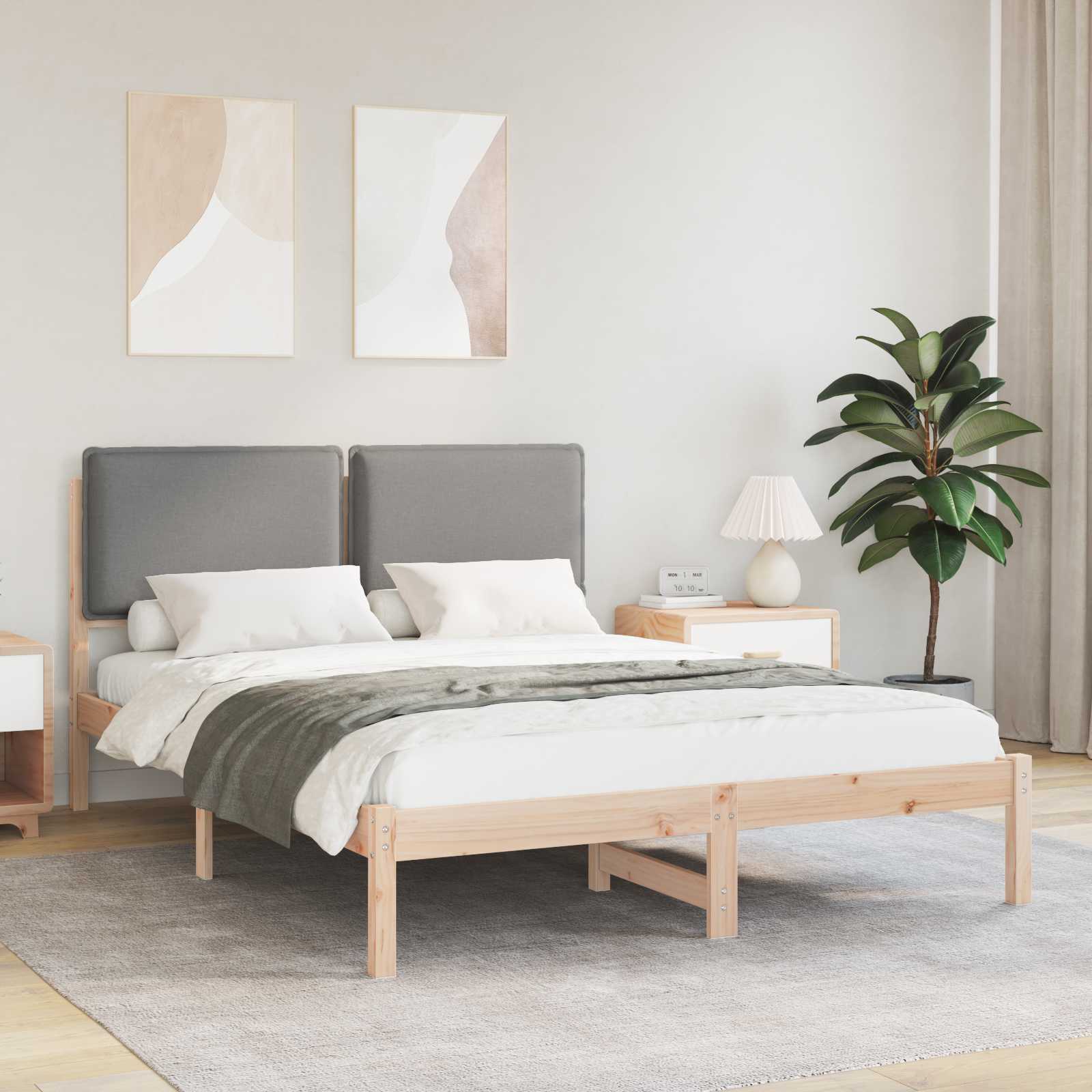 Sängram med Klädd Huvudgavel Ljusgrå 140 x 200 cm Massivt furu
