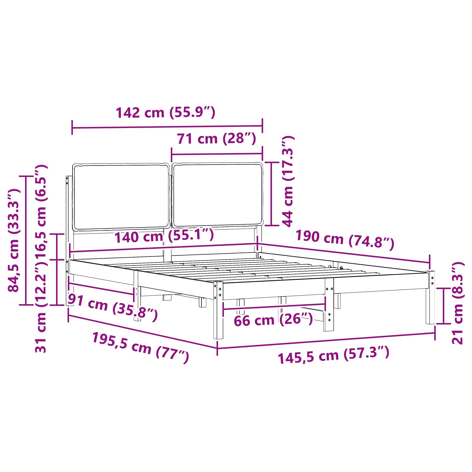 Sängram med Klädd Huvudgavel Svart 140 x 190 cm Massiv furu