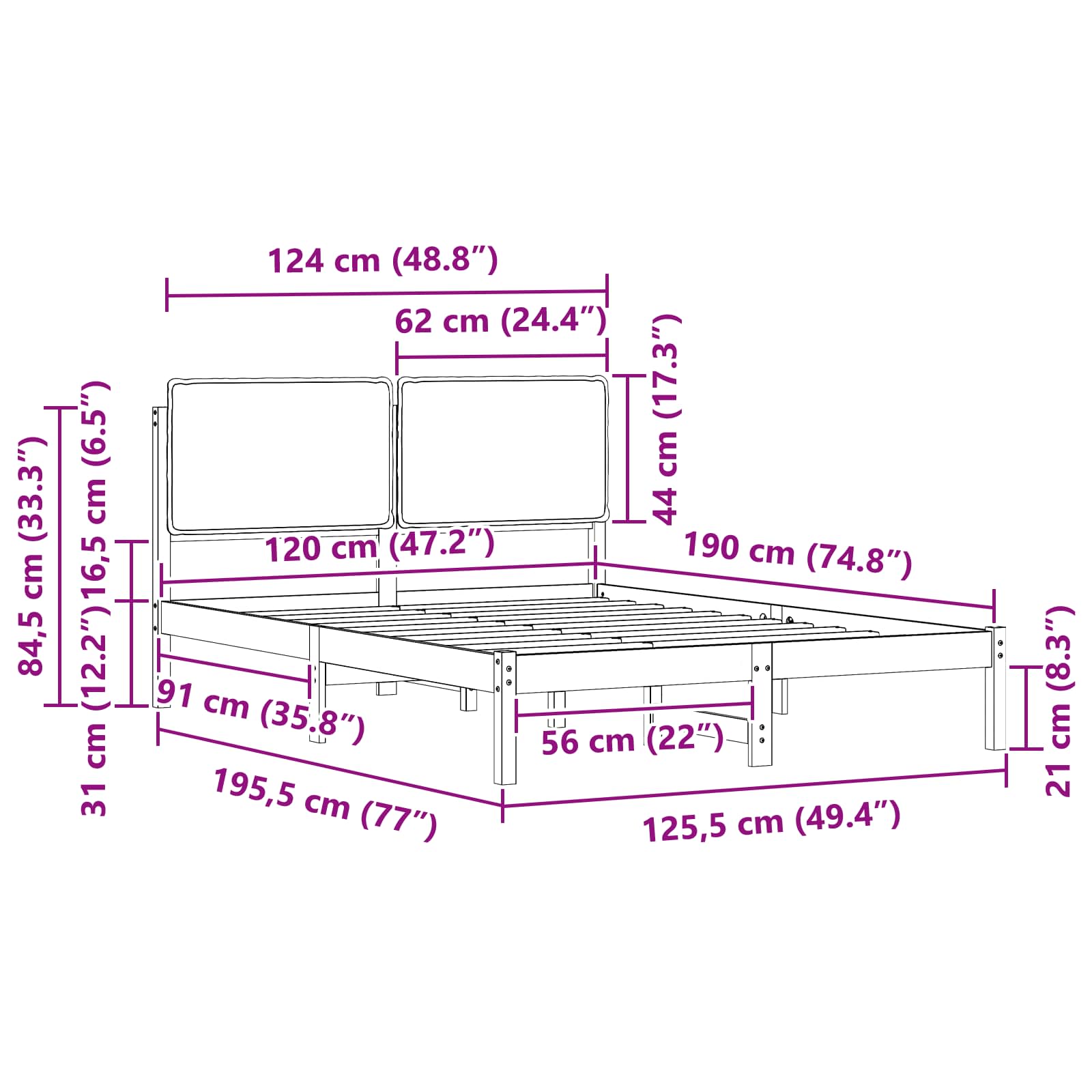 Sängram med Klädd Huvudgavel Ljusgrå 120 x 190 cm Massiv furu
