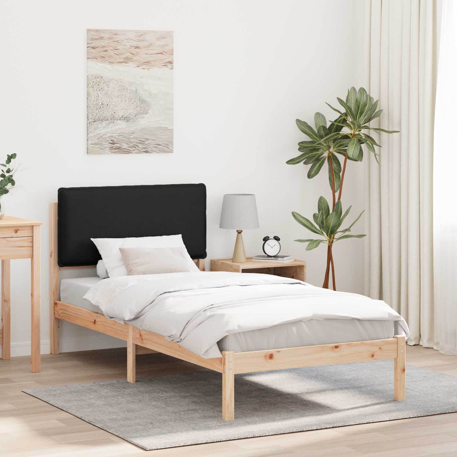 Sängram med Klädd Huvudgavel Svart 90 x 200 cm Massivt furu