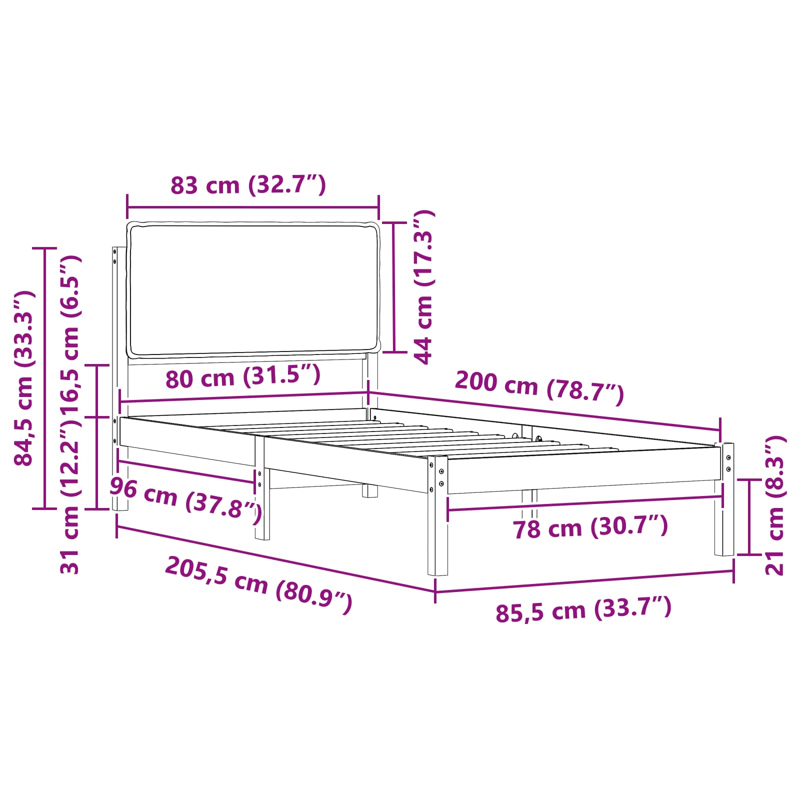 Sängram med Klädd Huvudgavel Mörkgrå 80 x 200 cm Massiv furu