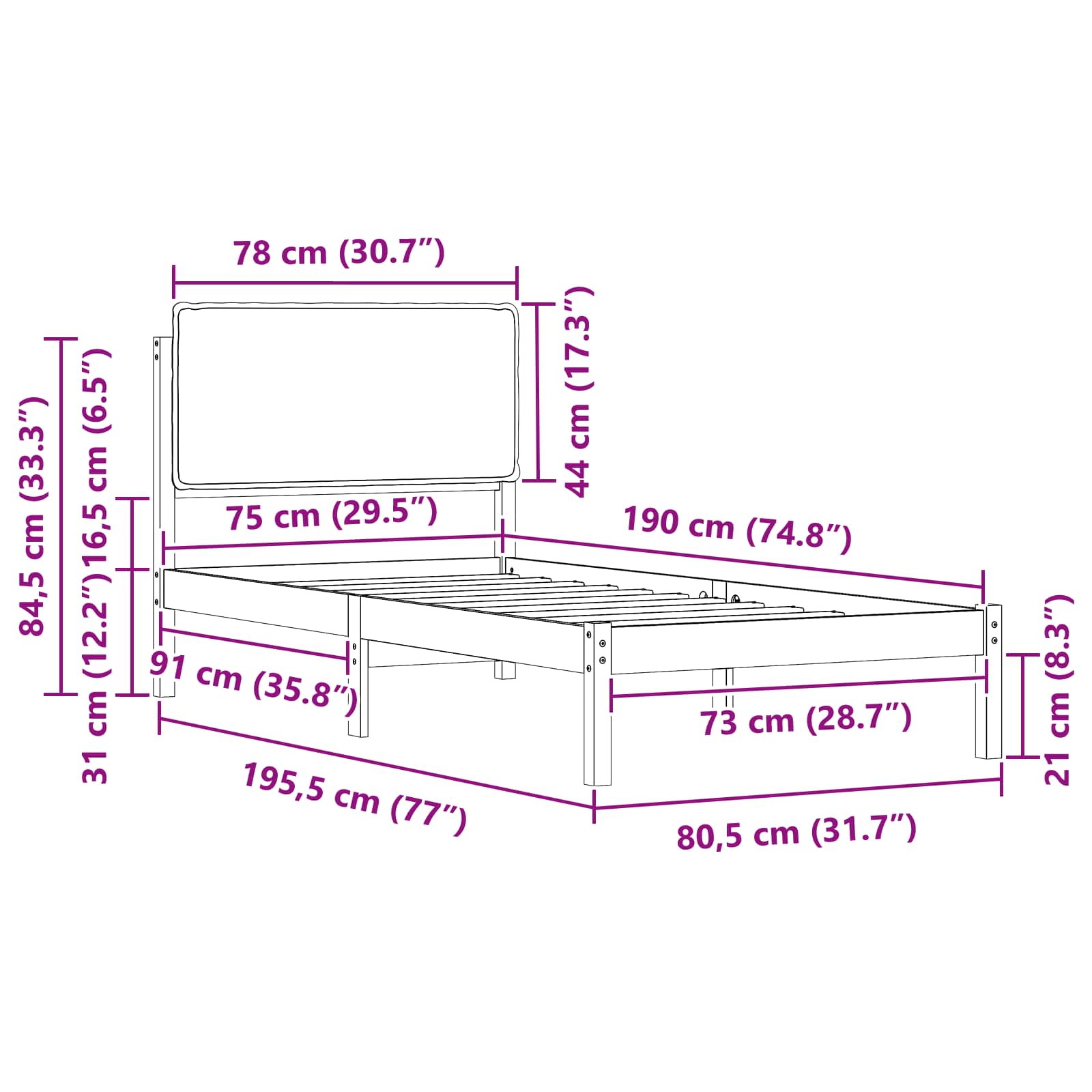 Sängram med Klädd Huvudgavel Mörkgrå 75 x 190 cm Massiv furu