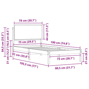 Sängram med Klädd Huvudgavel Ljusgrå 75 x 190 cm Massiv furu