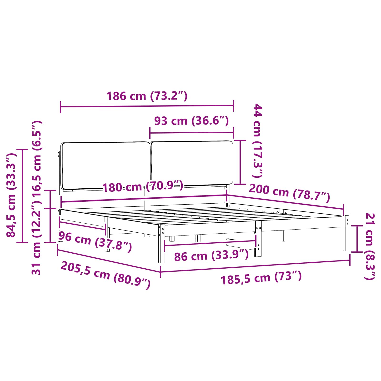Sängram med Klädd Huvudgavel Ljusgrå 180 x 200 cm Massiv furu