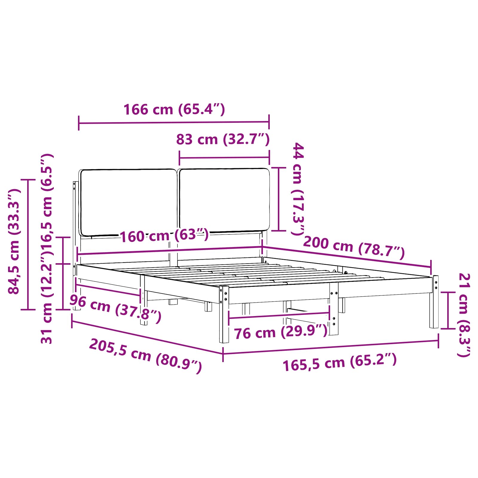Sängram med Klädd Huvudgavel Svart 160 x 200 cm Massiv furu