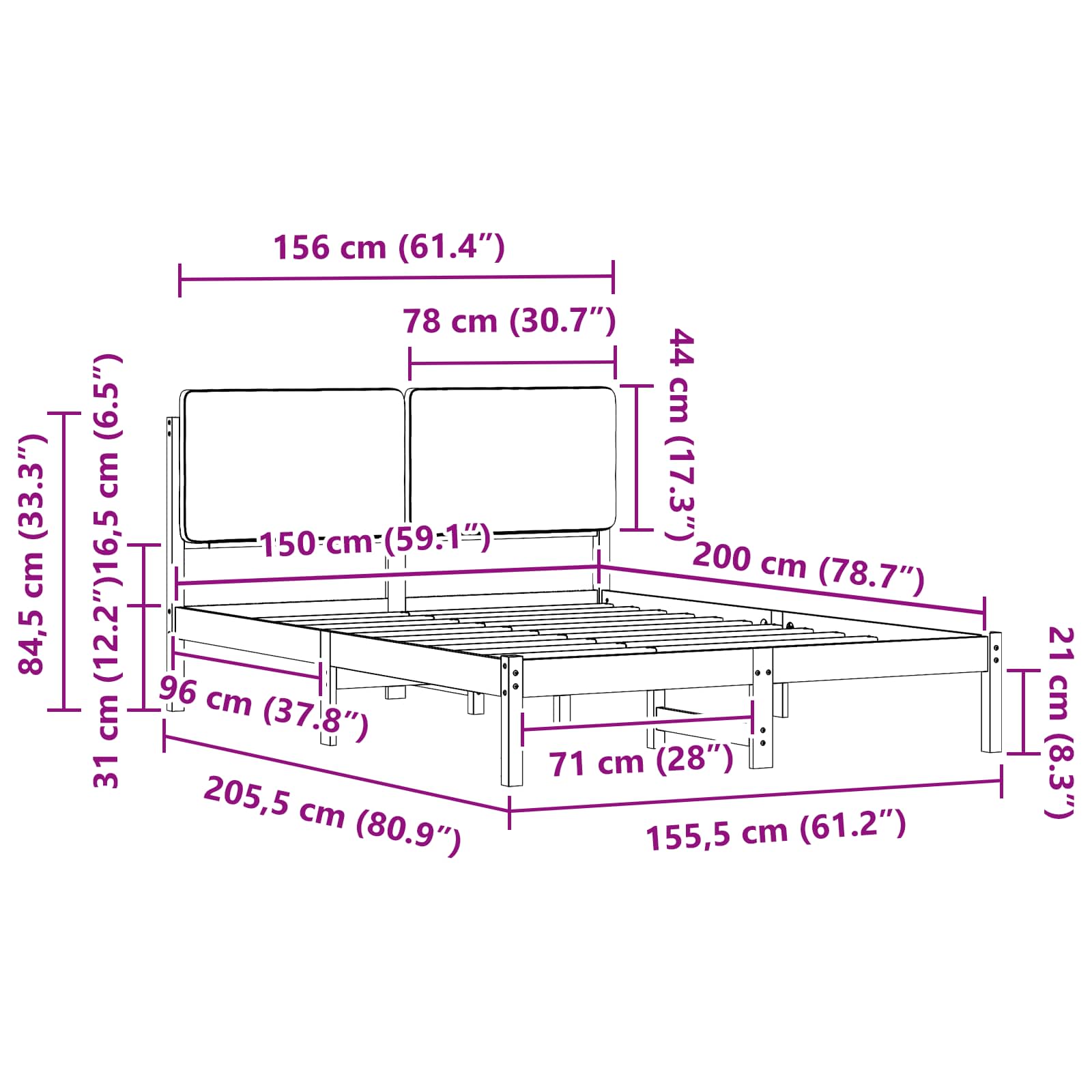 Sängram med Klädd Huvudgavel Ljusgrå 150 x 200 cm Massiv furu