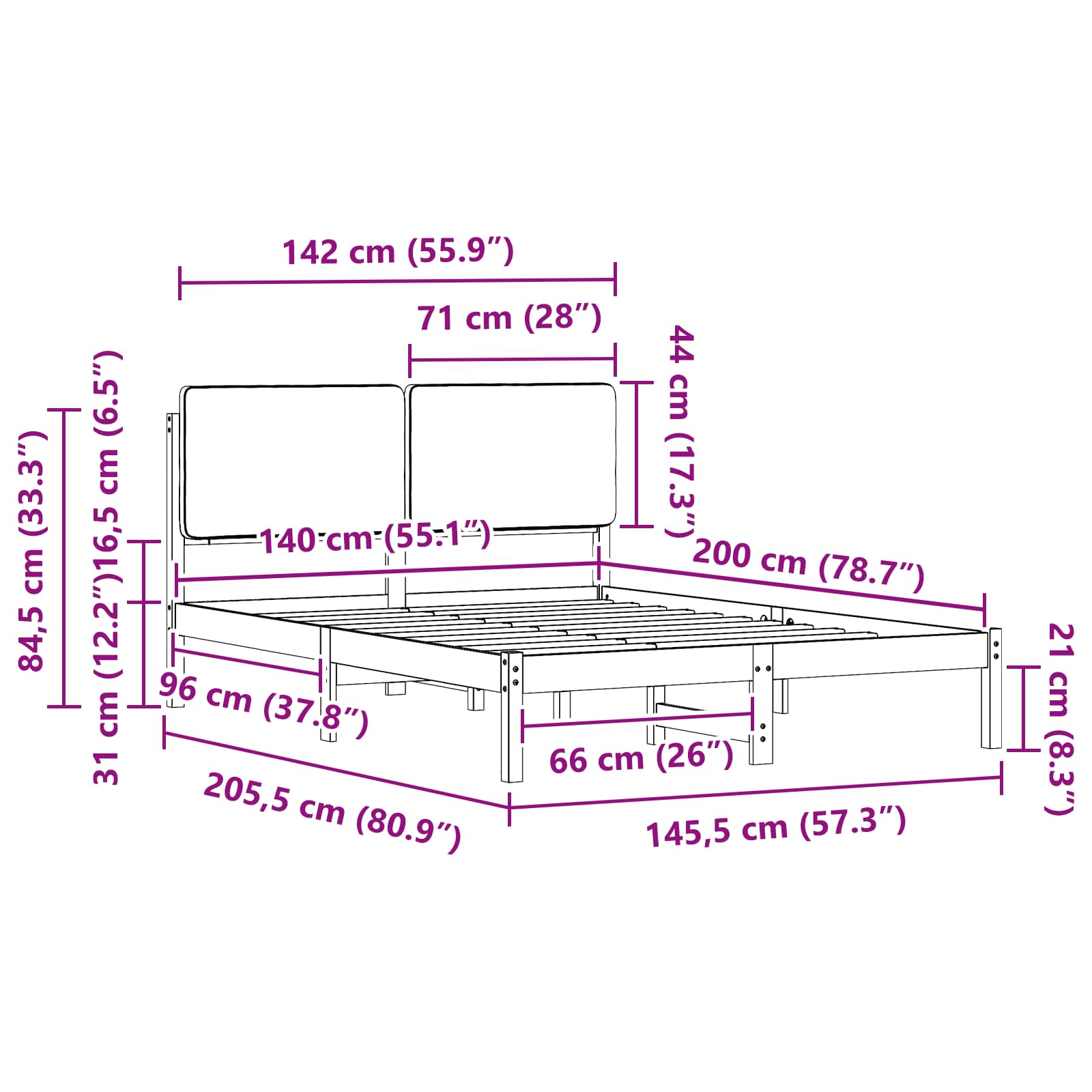 Sängram med Klädd Huvudgavel Svart 140 x 200 cm Massiv furu