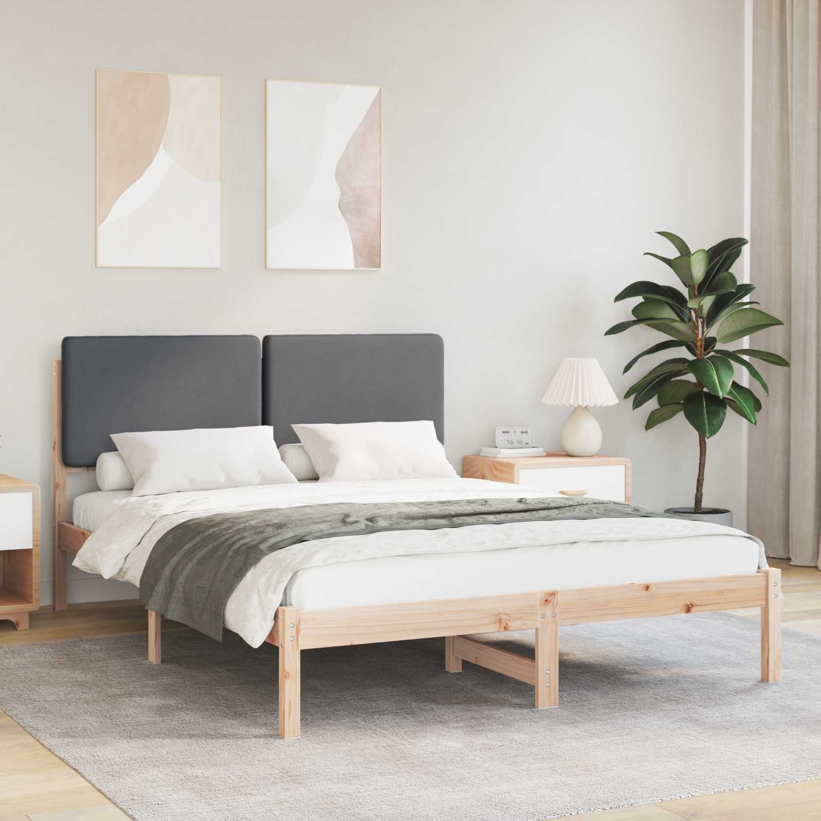 Sängram med Klädd Huvudgavel Mörkgrå 140 x 190 cm Massiv furu