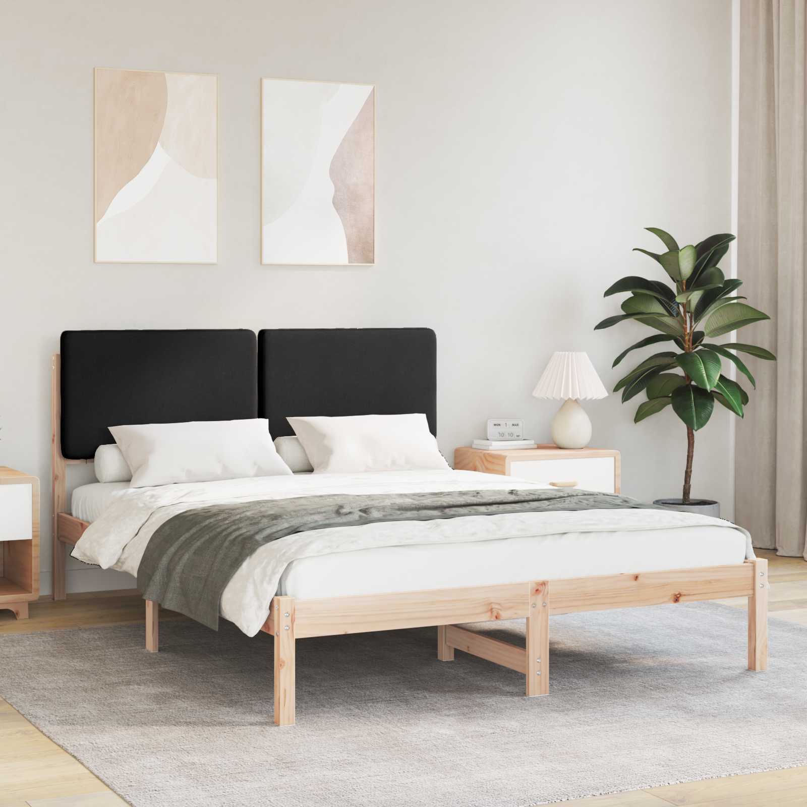 Sängram med Klädd Huvudgavel Svart 140 x 190 cm Massiv furu