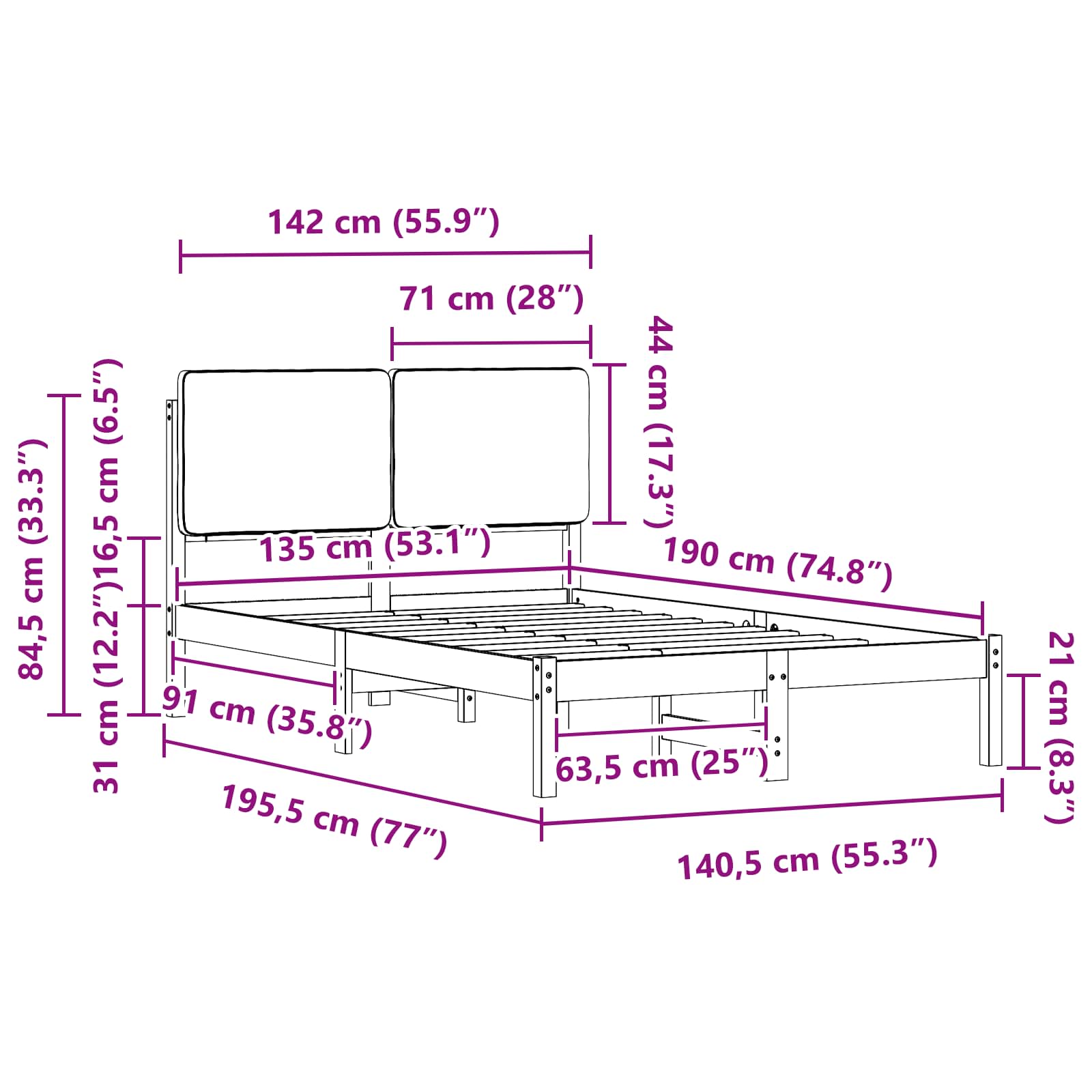 Sängram med Klädd Huvudgavel Ljusgrå 135 x 190 cm Massiv furu