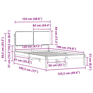 Sängram med Klädd Huvudgavel Ljusgrå 120 x 190 cm Massiv furu