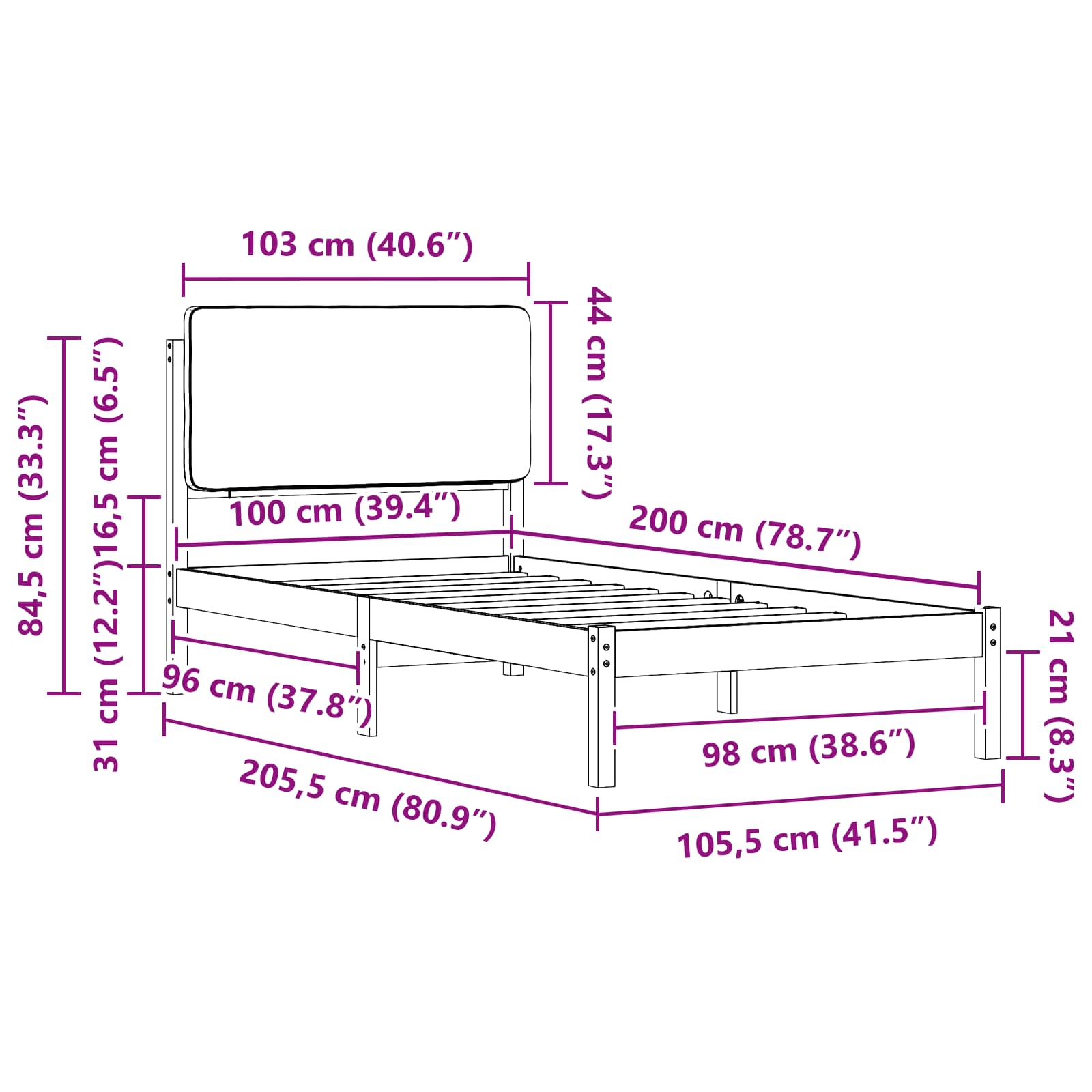 Sängram med Klädd Huvudgavel Mörkgrå 100 x 200 cm Massiv furu