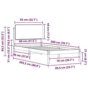Sängram med Klädd Huvudgavel Svart 80 x 200 cm Massiv furu