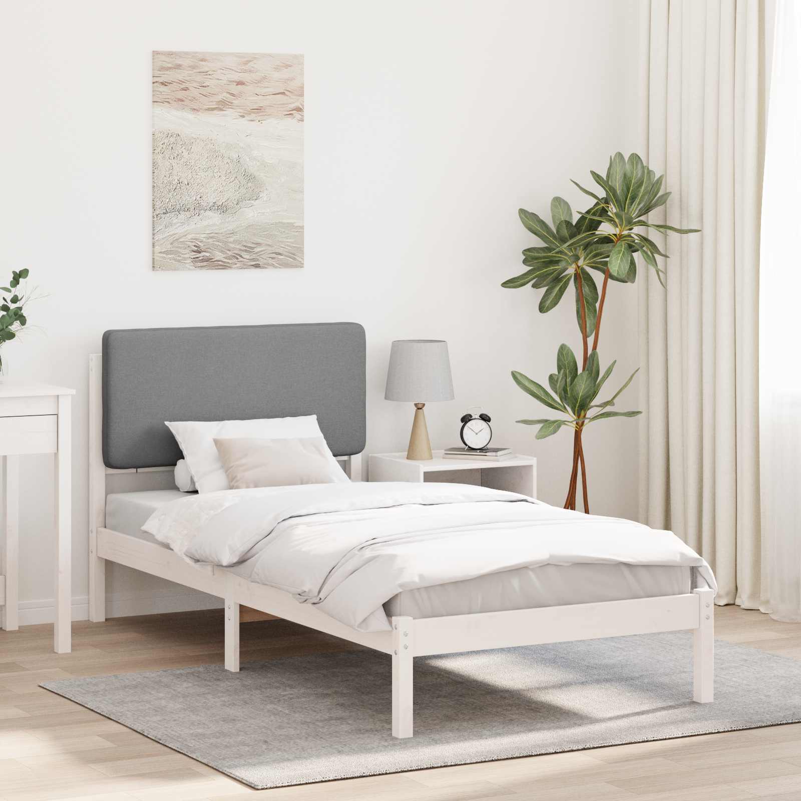 Sängram med Klädd Huvudgavel Ljusgrå 80 x 200 cm Massiv furu