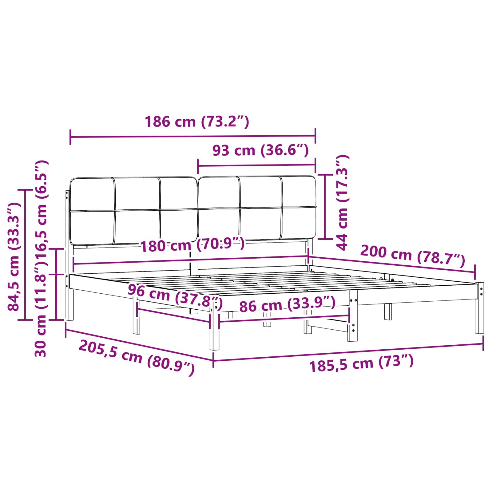 Sängram med Klädd Huvudgavel Taupe 180 x 200 cm Massiv furu
