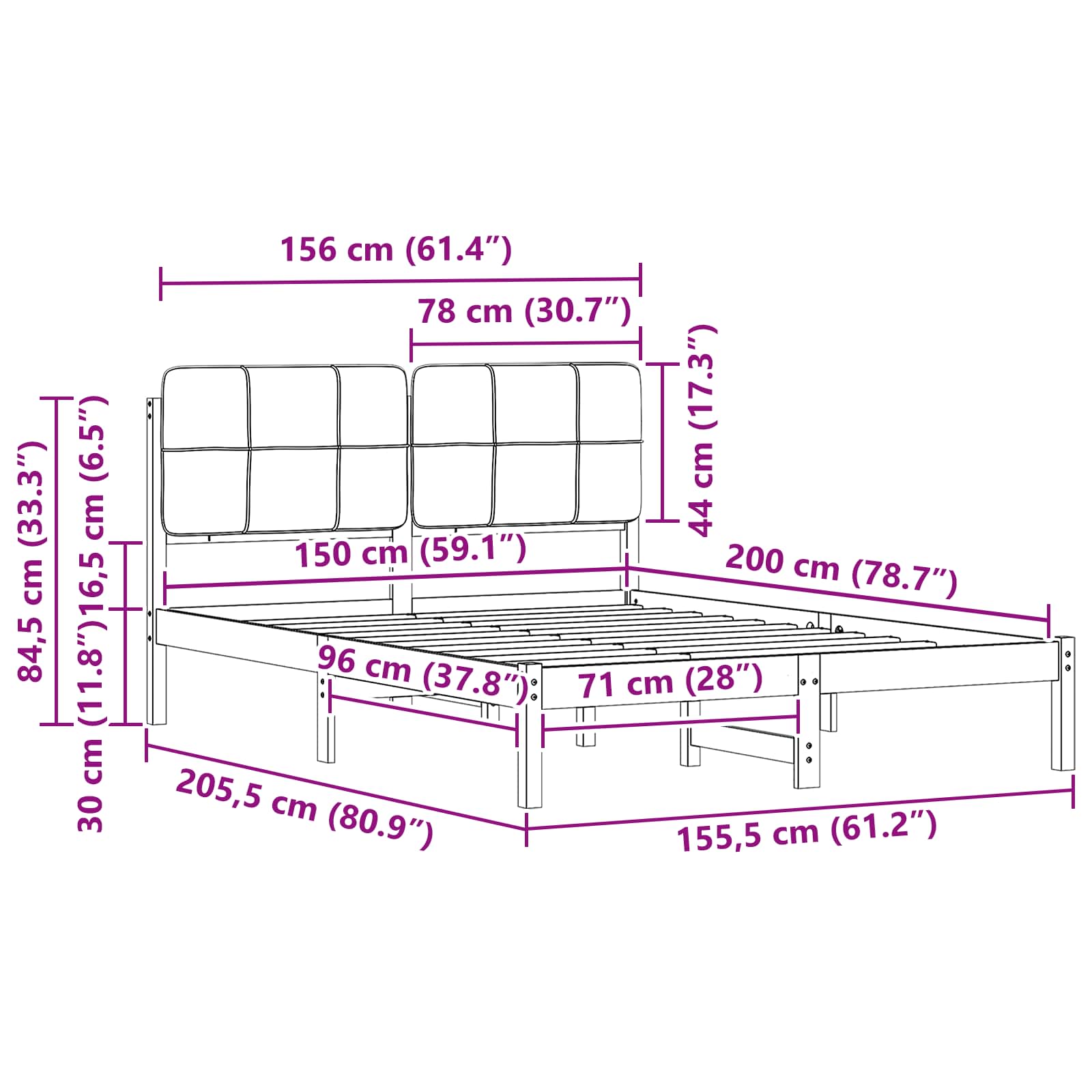Sängram med Klädd Huvudgavel Ljusgrå 150 x 200 cm Massiv furu
