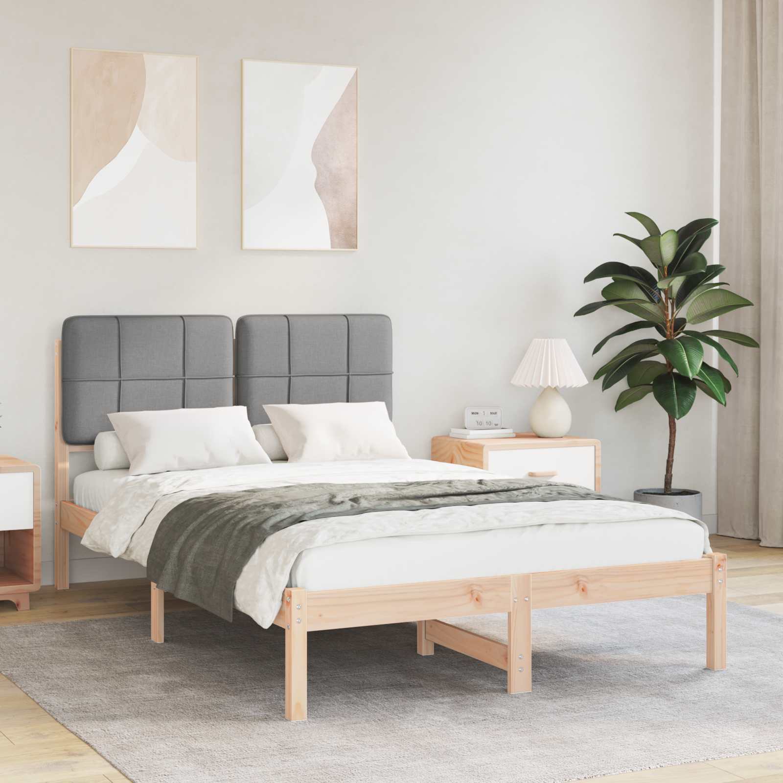 Sängram med Klädd Huvudgavel Ljusgrå 120 x 200 cm Massiv furu