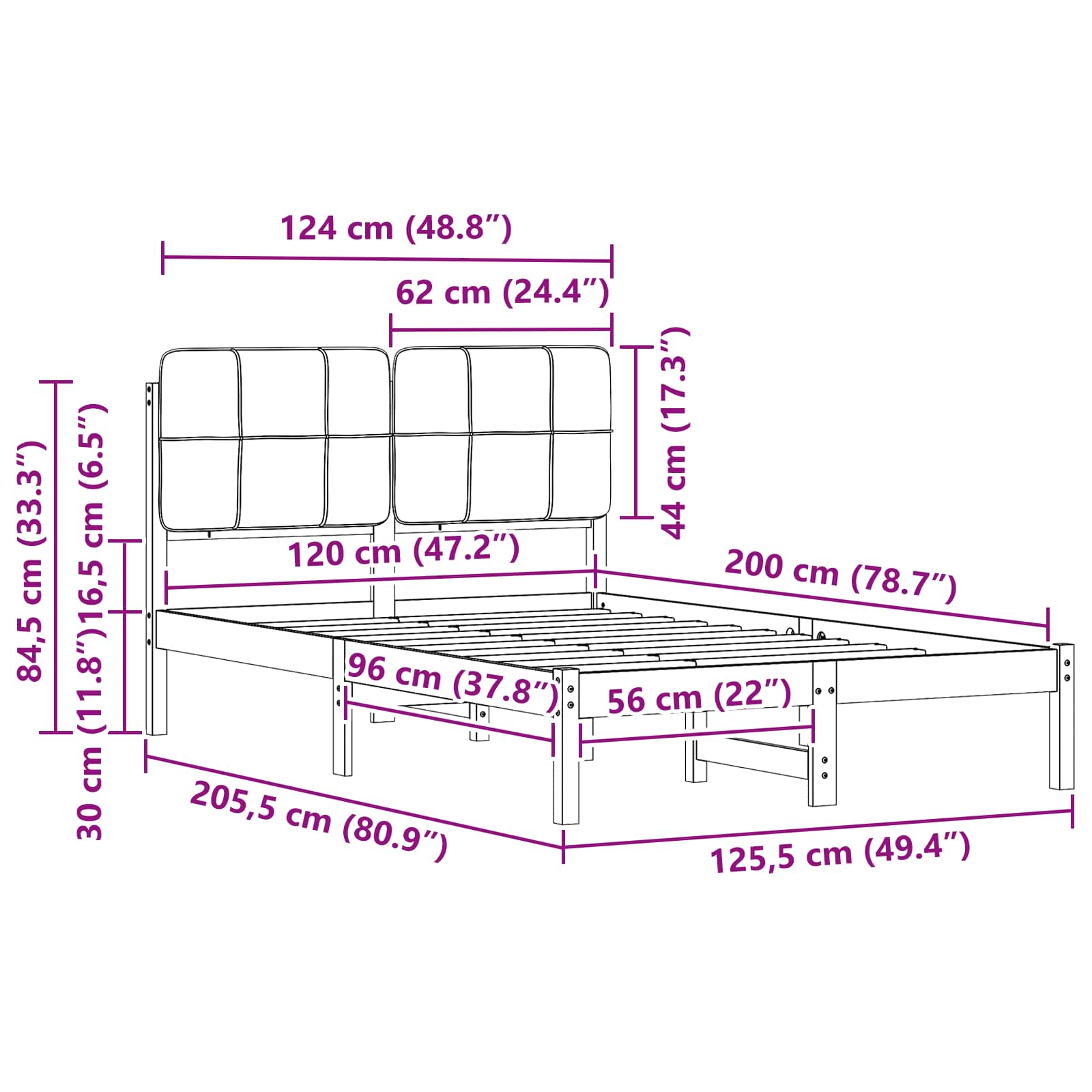 Sängram med Klädd Huvudgavel Taupe 120 x 200 cm Massiv furu