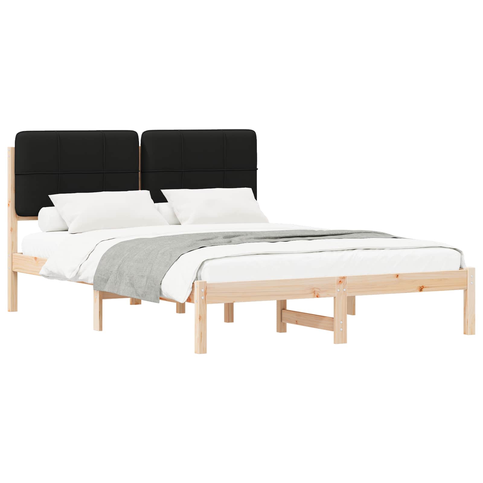 Sängram med Klädd Huvudgavel Svart 140 x 190 cm Massiv furu