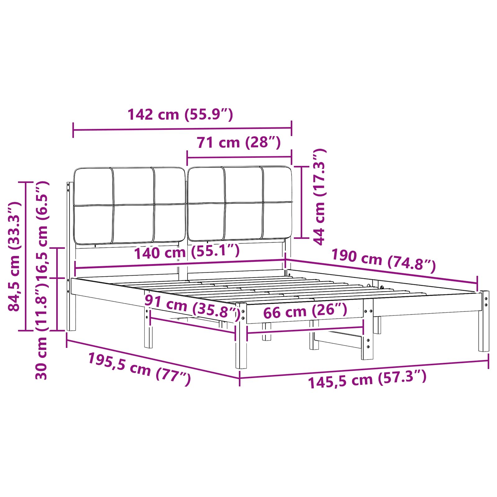Sängram med Klädd Huvudgavel Svart 140 x 190 cm Massiv furu