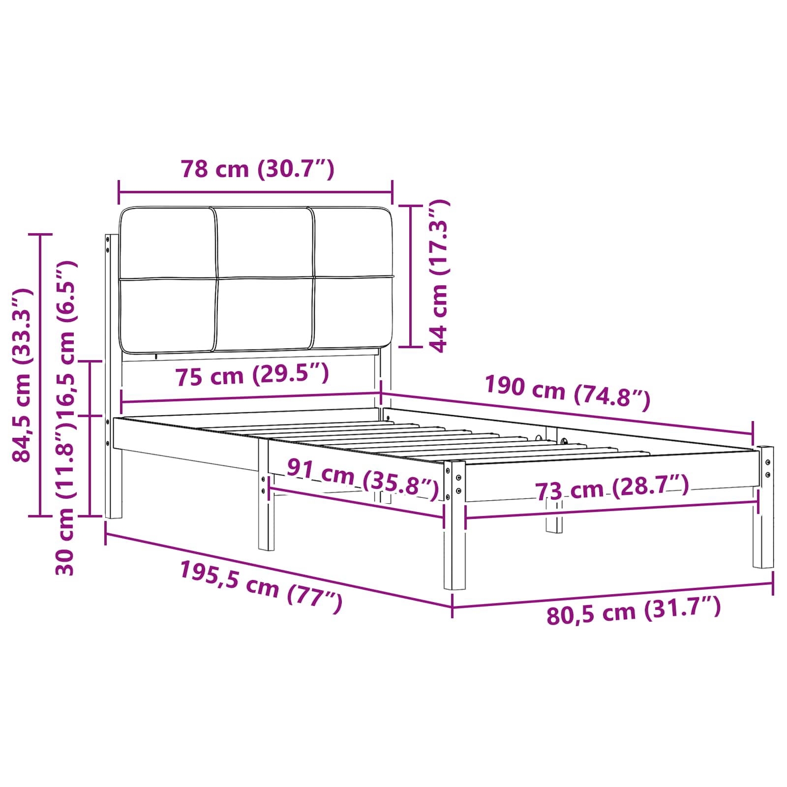 Sängram med Klädd Huvudgavel Taupe 75 x 190 cm Massiv furu