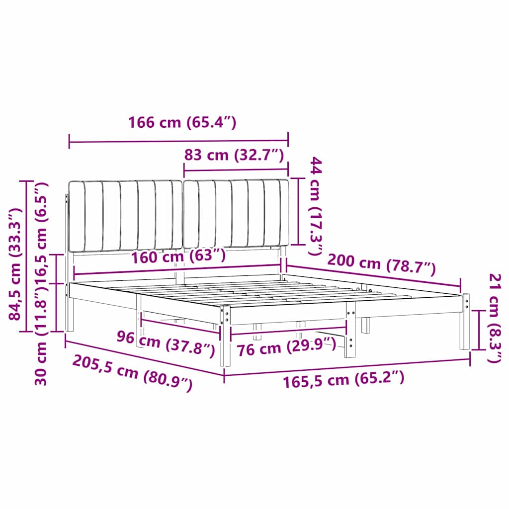 Sängram med Klädd Huvudgavel Ljusgrå 160 x 200 cm Massiv furu