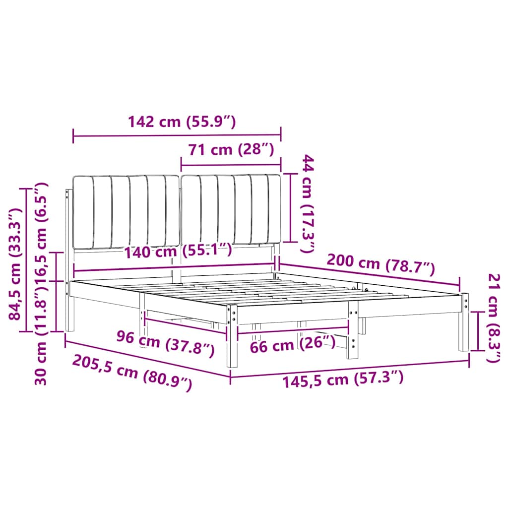 Sängram med Klädd Huvudgavel Ljusgrå 140 x 200 cm Massiv furu