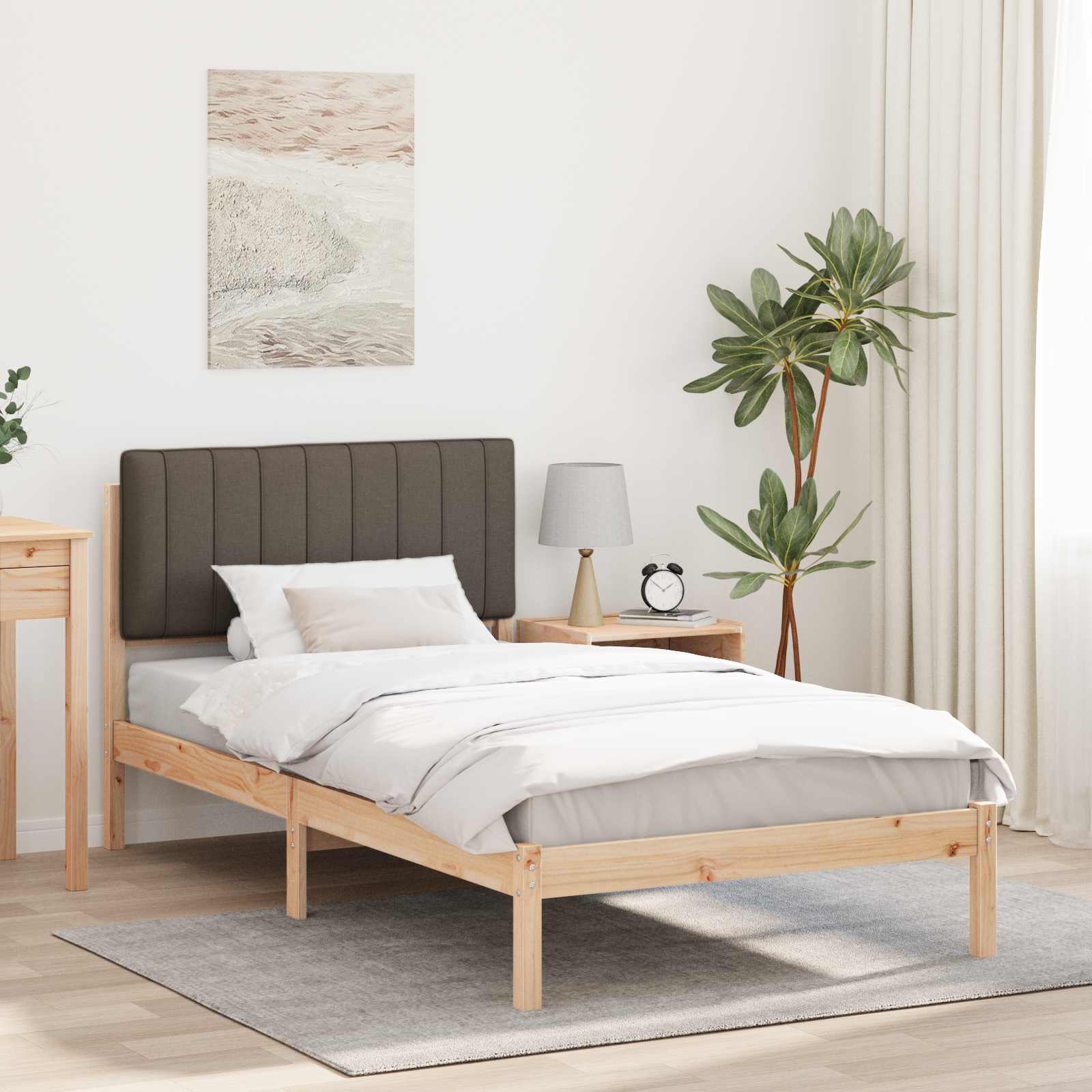 Sängram med Klädd Huvudgavel Taupe 100 x 200 cm Massivt furu
