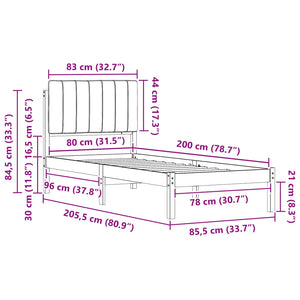 Sängram med Klädd Huvudgavel Svart 80 x 200 cm Massiv furu