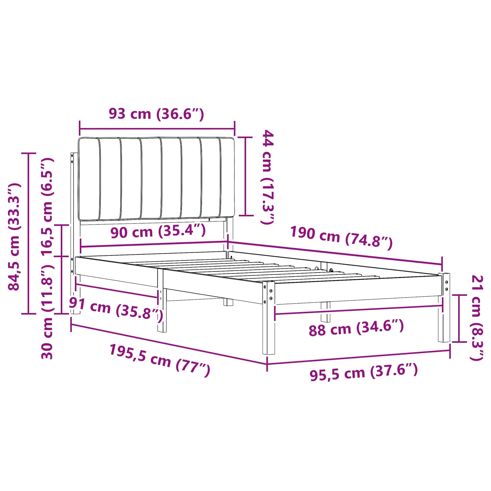 Sängram med Klädd Huvudgavel Svart 90 x 190 cm Massiv furu