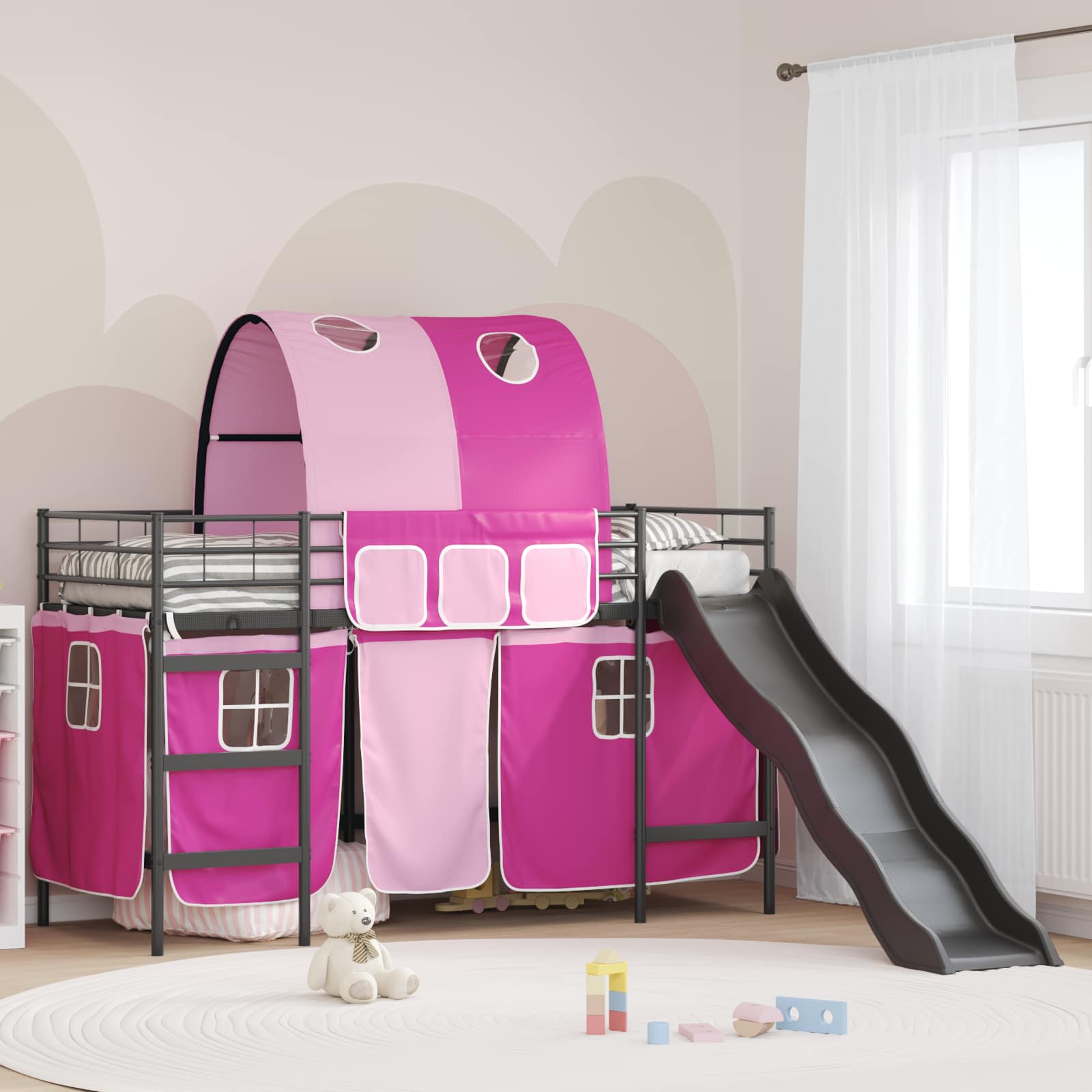 Barns våningssängram med gardiner Svart och Rosa 75 x 190 cm