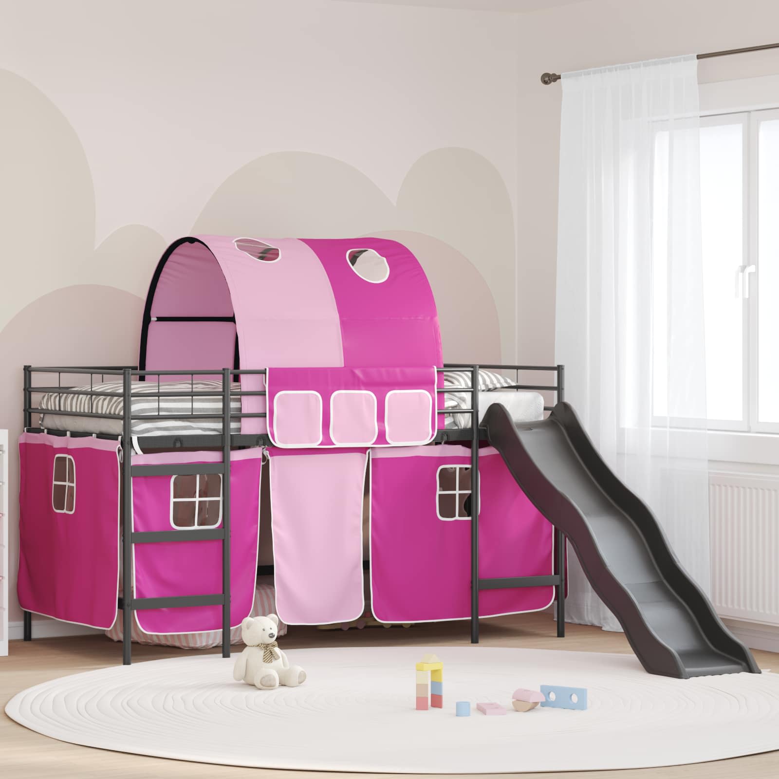 Barns våningssängram med gardiner Svart och Rosa 107 x 203 cm