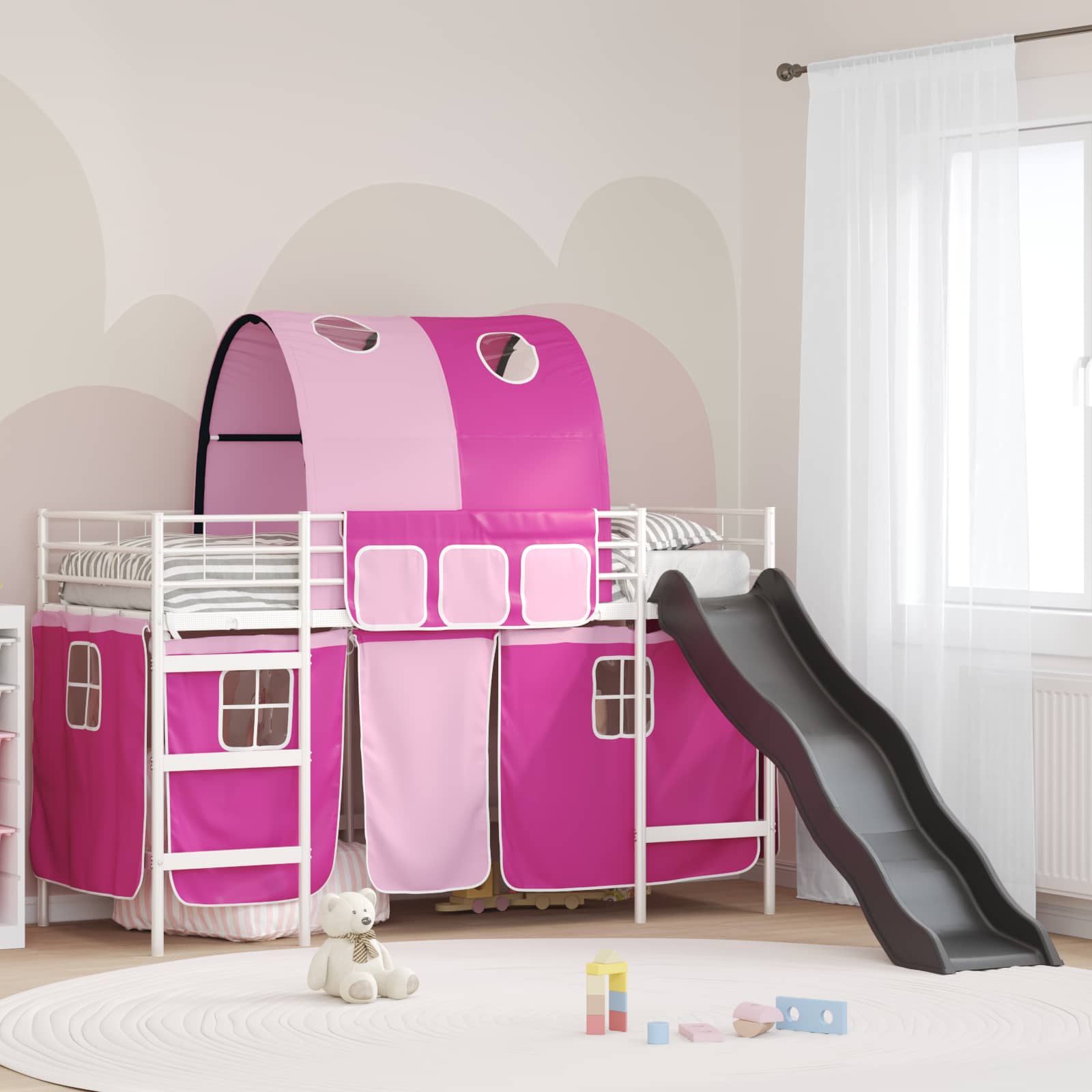 Barns våningssängram med gardiner Vit och Rosa 90 x 190 cm