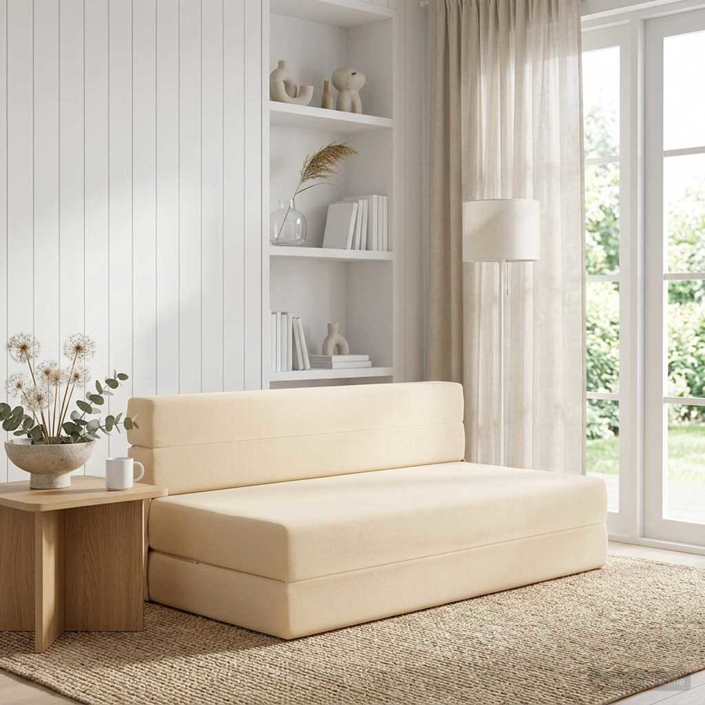 Fällbar Soffbed Gräddvit 152 x 86,5 x 60 cm Tyg