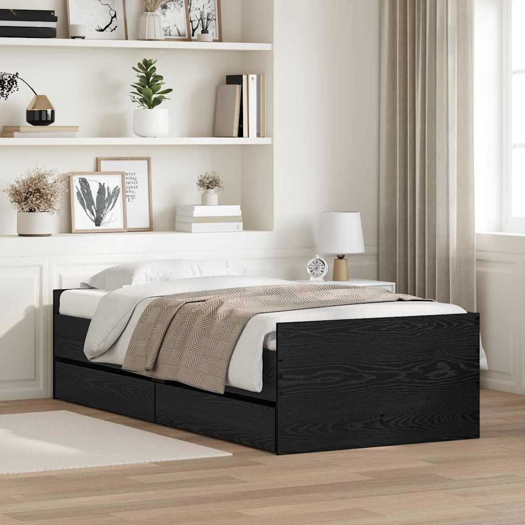 Sängram med låda med lagring Svart Ek 90 x 190 cm Massiv furu