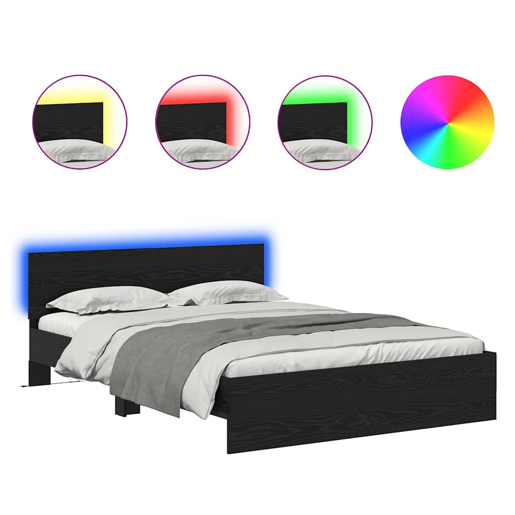 Sängram med LED -remsljus Svart Ek 120 x 200 cm Konstruerat trä