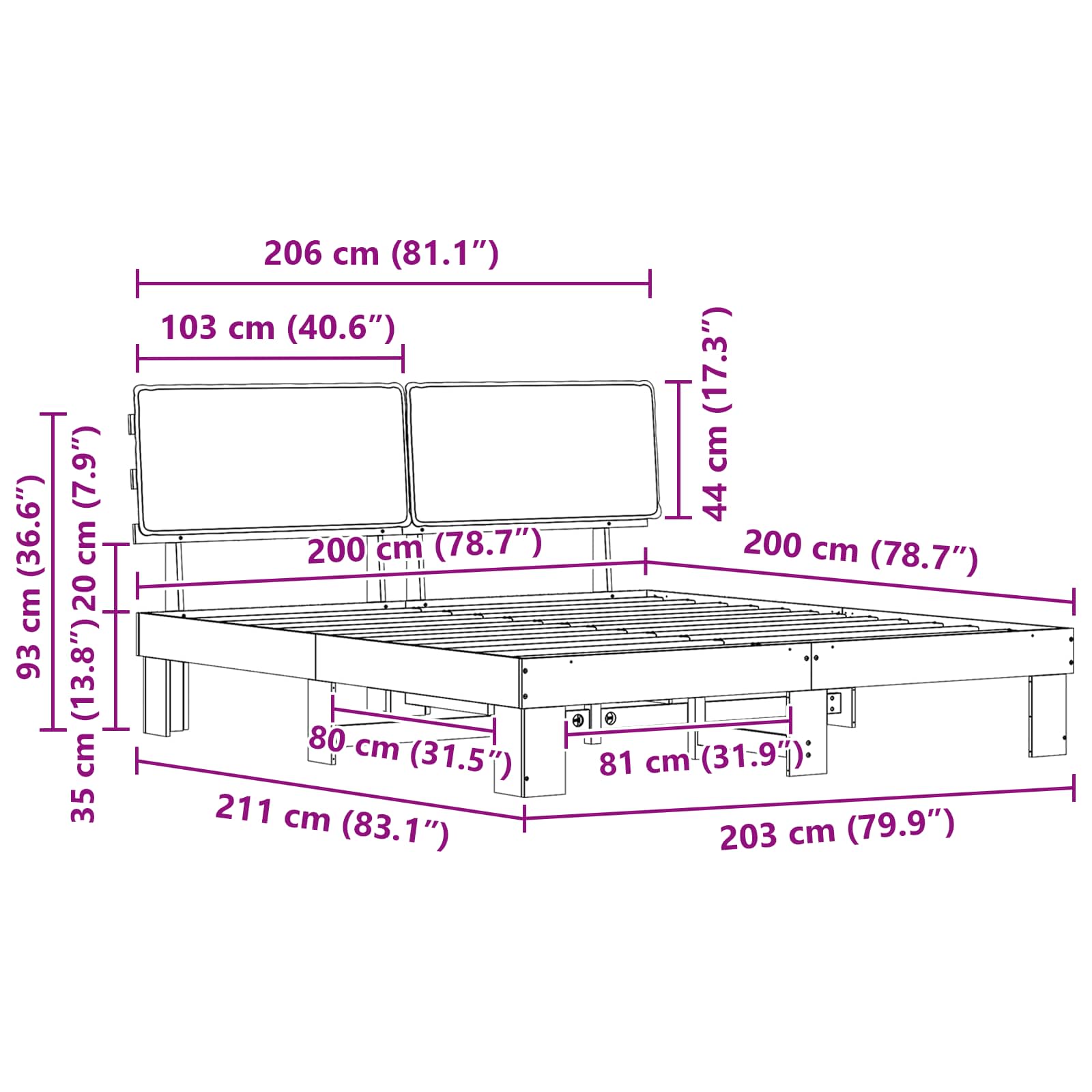 Sängram med Klädd Huvudgavel Mörkgrå 200 x 200 cm Massiv furu