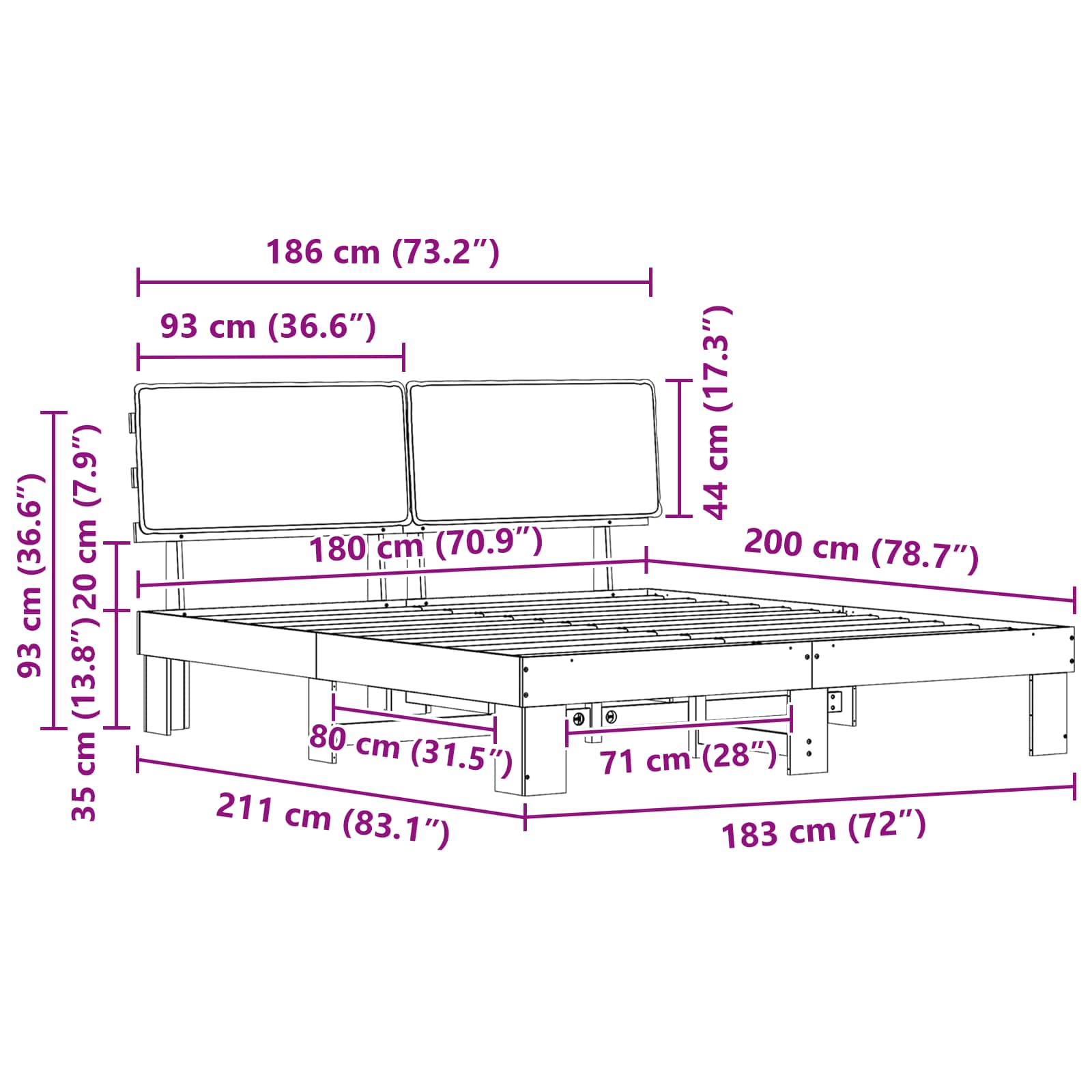 Sängram med Klädd Huvudgavel Mörkgrå 180 x 200 cm Massiv furu