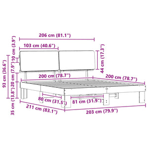 Sängram med Klädd Huvudgavel Ljusgrå 200 x 200 cm Massiv furu