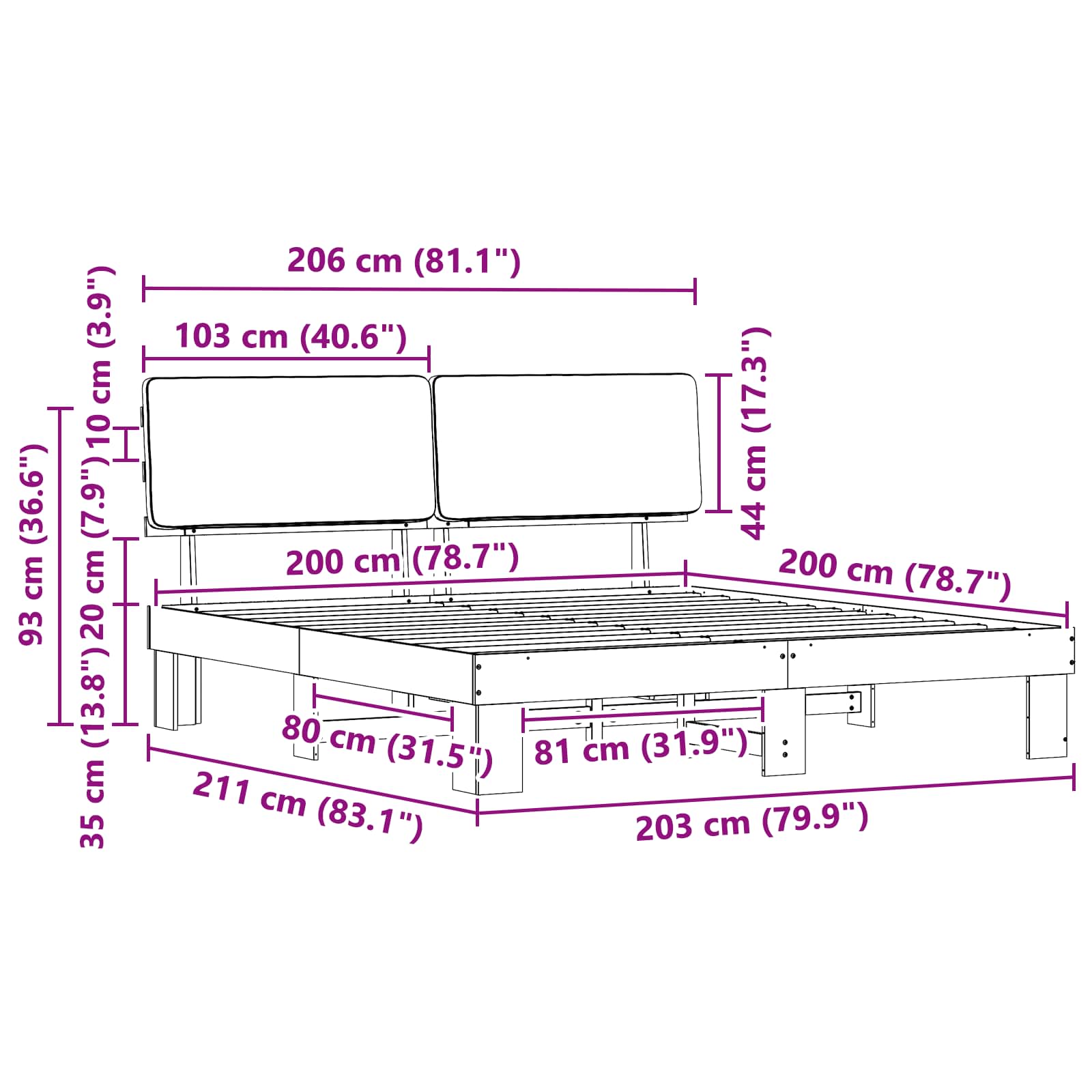 Sängram med Klädd Huvudgavel Ljusgrå 200 x 200 cm Massiv furu