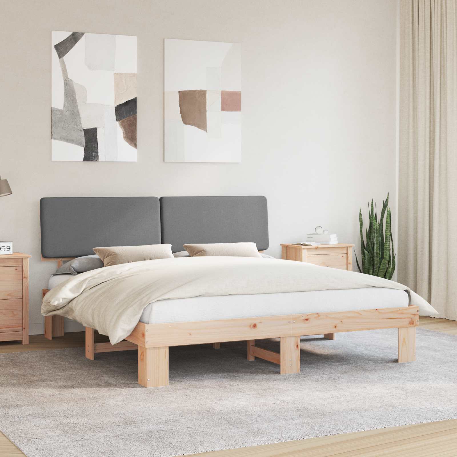 Sängram med Klädd Huvudgavel Ljusgrå 180 x 200 cm Massiv furu