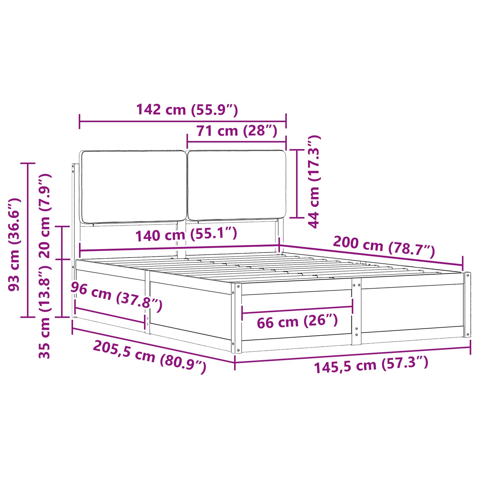 Sängram med Klädd Huvudgavel Ljusgrå 200 x 200 cm Massiv furu