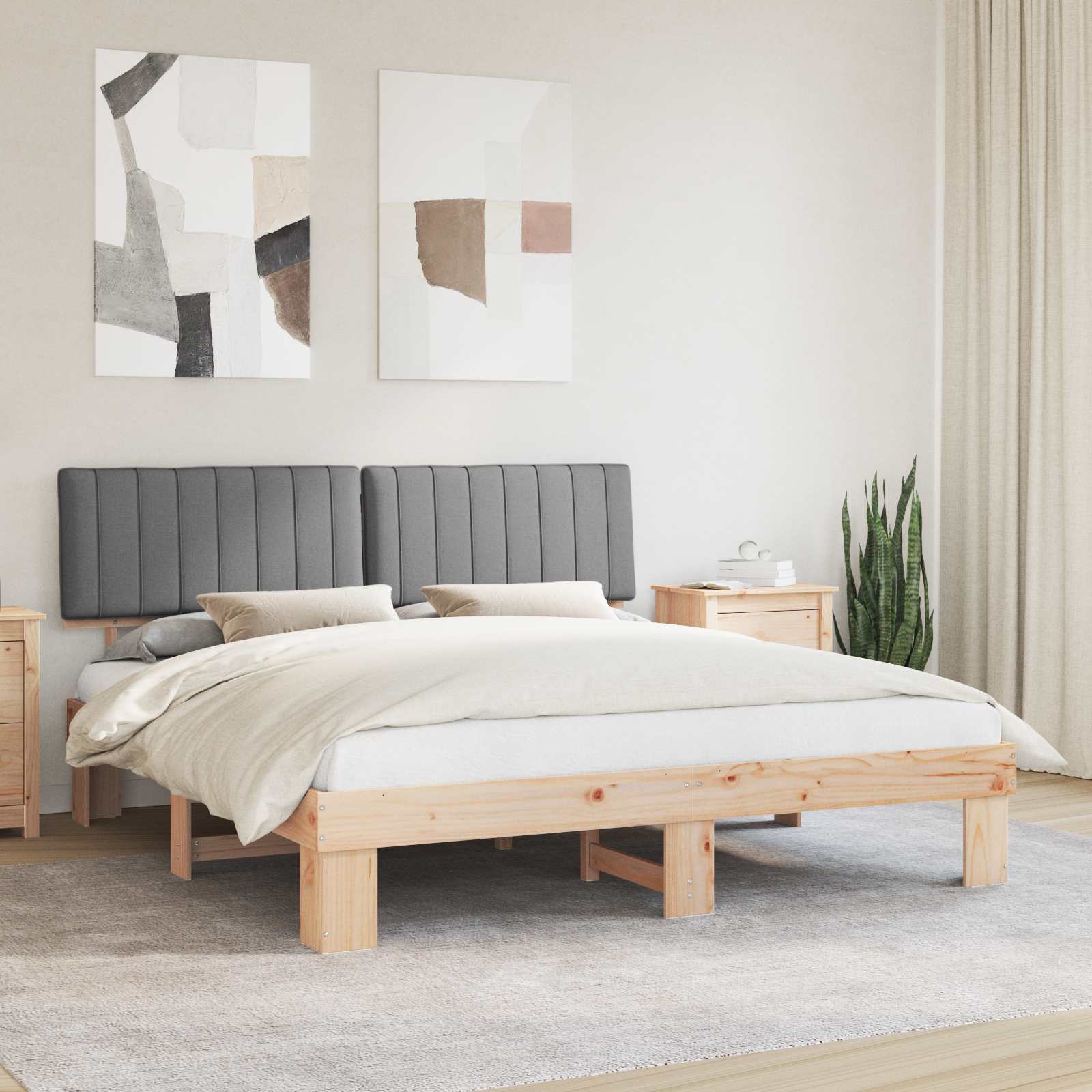 Sängram med Klädd Huvudgavel Ljusgrå 180 x 200 cm Massiv furu