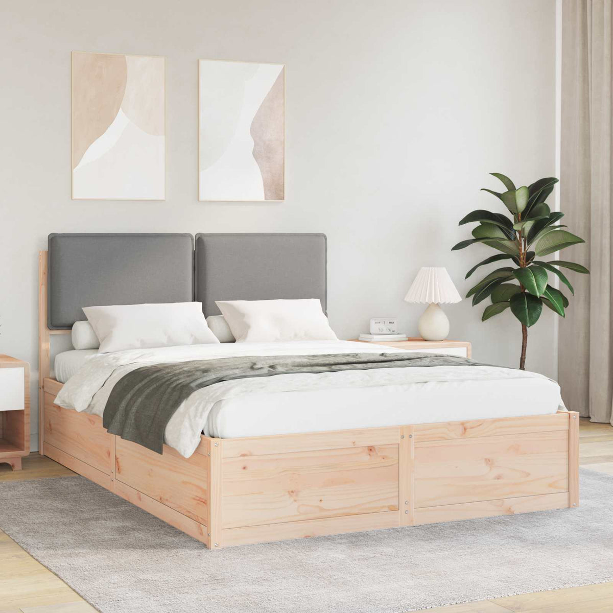 Sängram med Klädd Huvudgavel Ljusgrå 135 x 190 cm Massiv furu