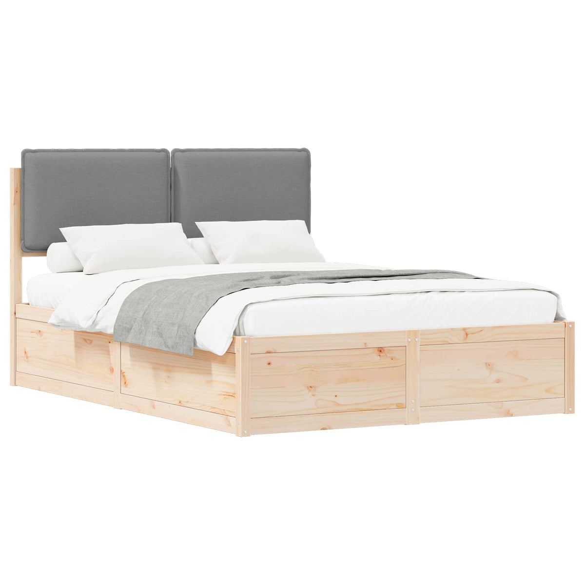 Sängram med Klädd Huvudgavel Ljusgrå 135 x 190 cm Massiv furu