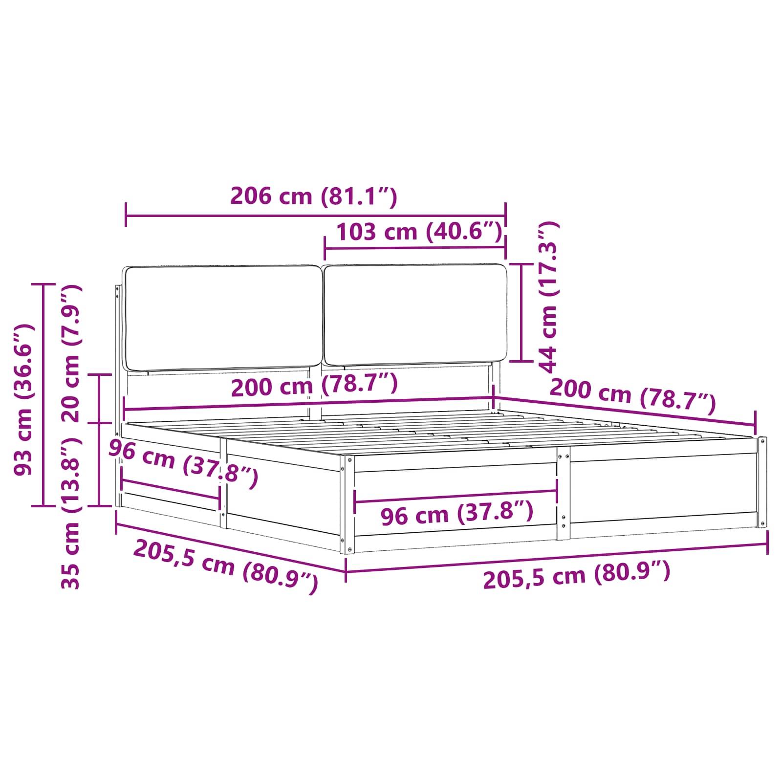 Sängram med Klädd Huvudgavel Mörkgrå 200 x 200 cm Massiv furu