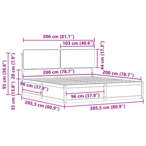 Sängram med Klädd Huvudgavel Mörkgrå 200 x 200 cm Massiv furu
